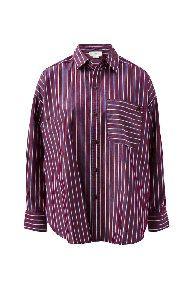 Peta Oversized Shirt, BURGUNDY WASHED NAVY STRIPE