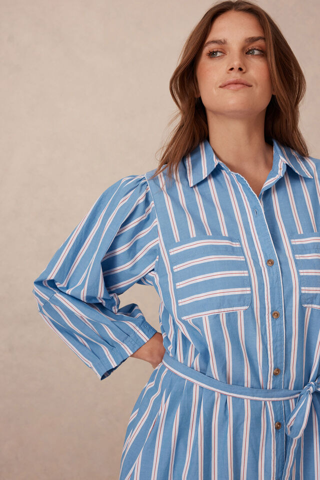 Midi Shirt Dress, BLUE WHITE RED STRIPE ORGANIC COTTON