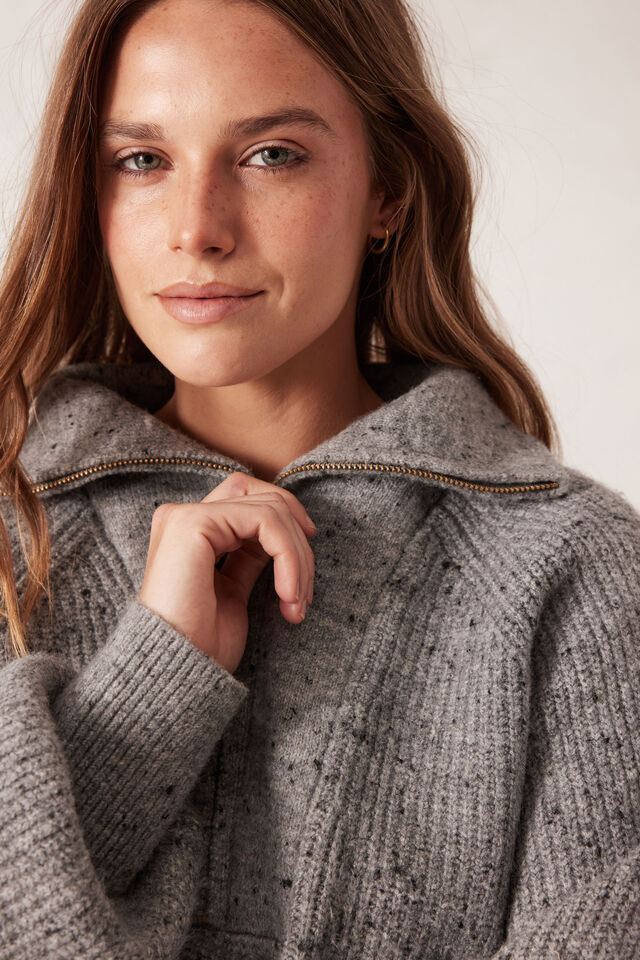 Slouchy Zip Knit, MID GREY NEP