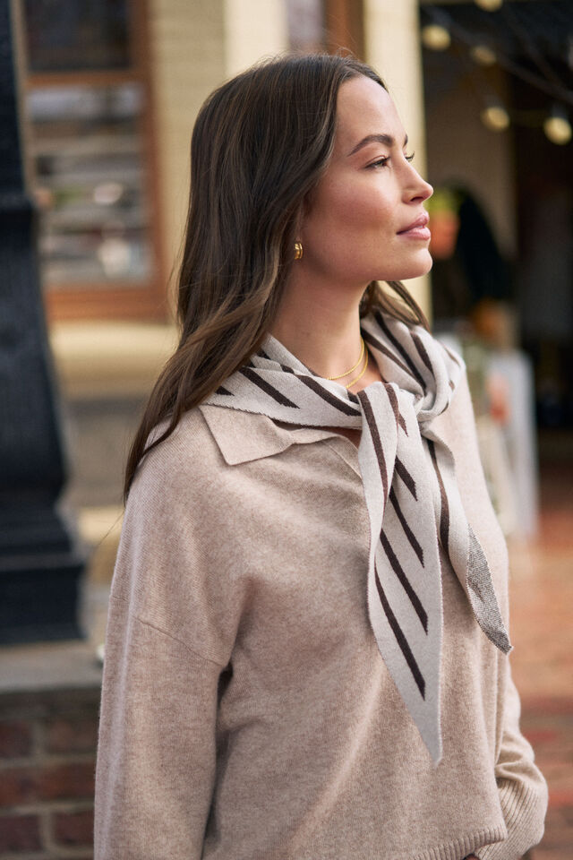 Sully Triangle Knit Scarf, OATMEAL MARLE/CHOCOLATE STRIPE