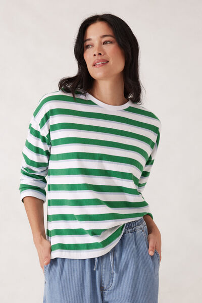 Slouchy Long Sleeve  Tee, KELLY GREEN STRIPE