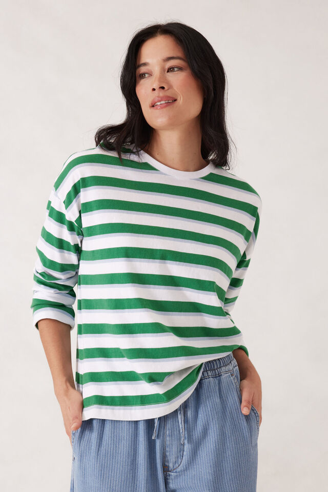 Slouchy Long Sleeve  Tee, KELLY GREEN STRIPE