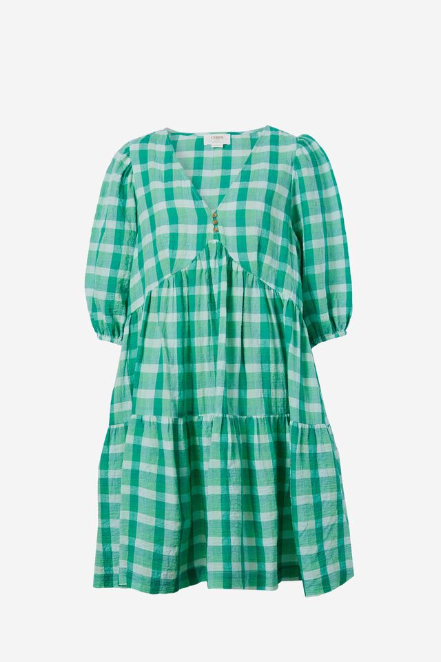 Check Smock Dress In Textured Organic Cotton, GREEN CHECK