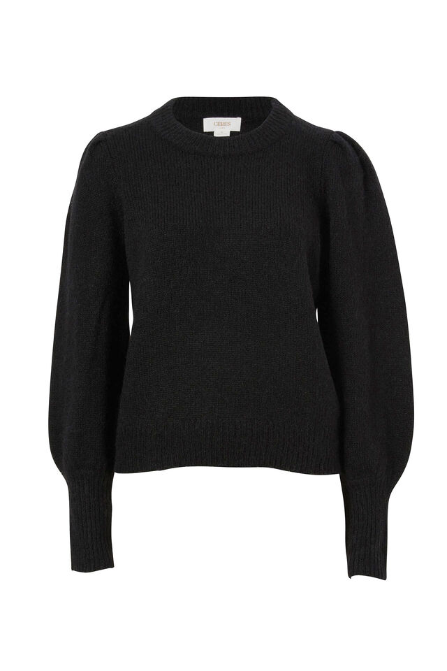 Puff Sleeve Crew In Alpaca Wool Blend, BLACK