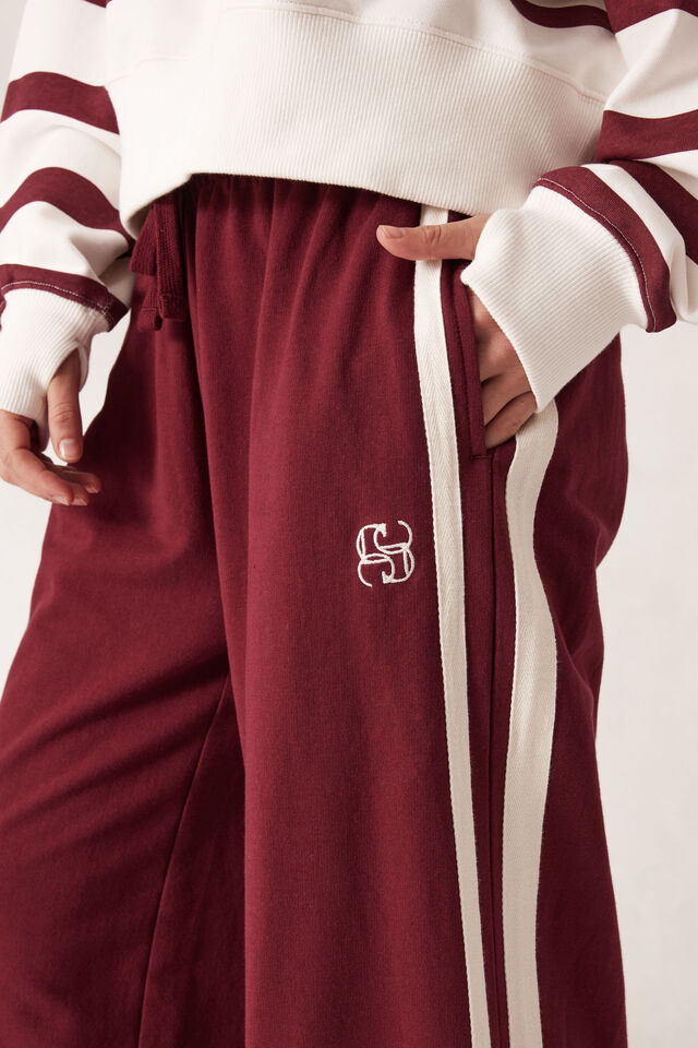 Gigi Wide Leg Terry Trackpant, BURGUNDY SIDE STRIPE