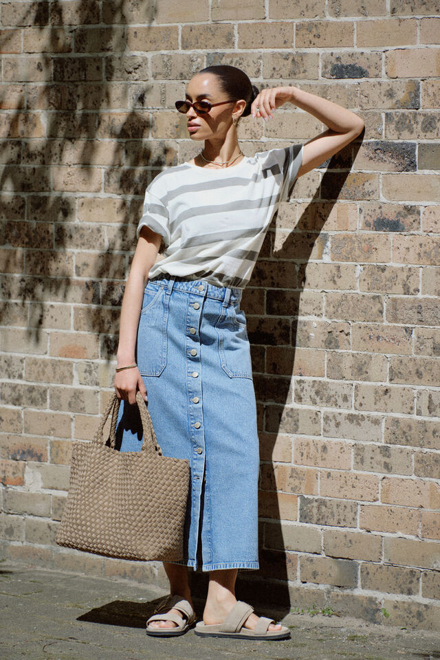 Button Through Denim Midi Skirt, MID VINTAGE BLUE