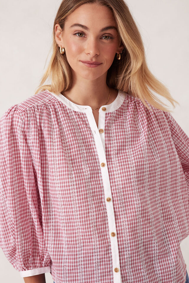 Woven Collarless Top, RED GINGHAM