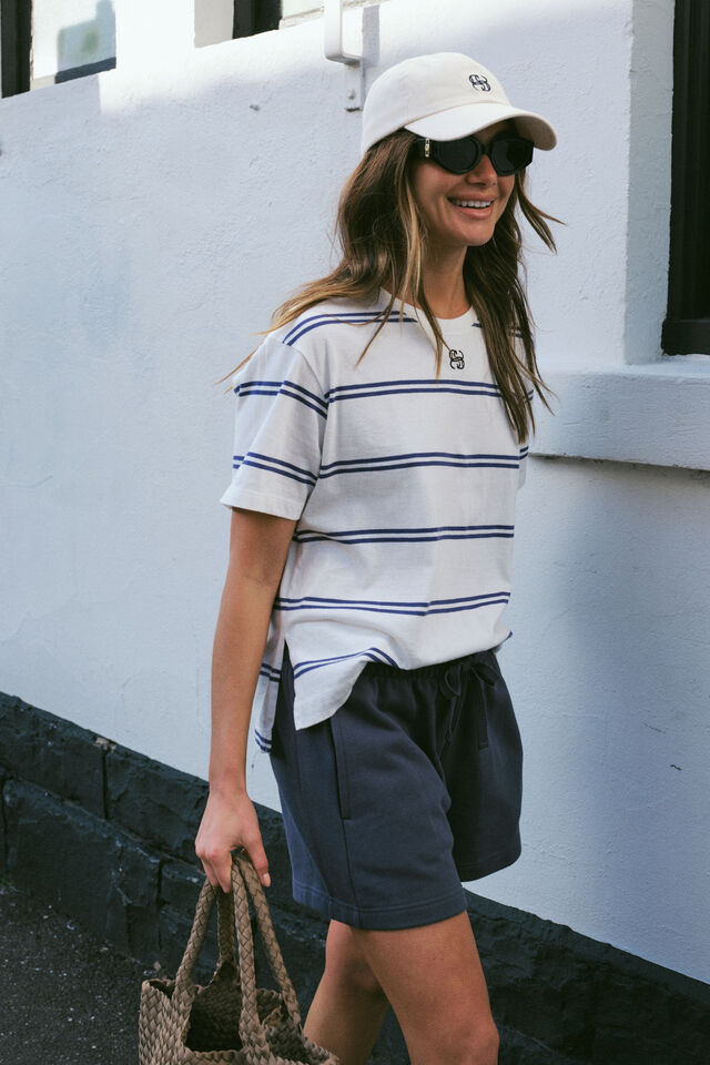 Slouchy Split Hem Tee, VANILLA/COLLEGE BLUE DOUBLE STRIPE EMB