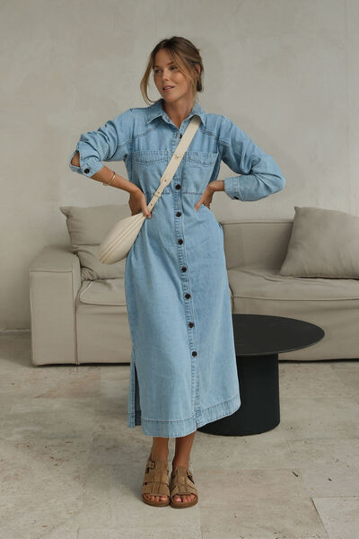 Long Sleeve Yoke Detail Midi Dress, VINTAGE BLUE