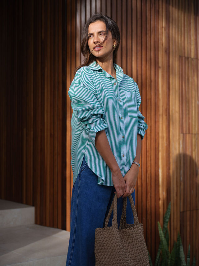 Peta Oversized Shirt, KELLY GREEN WHITE STRIPE