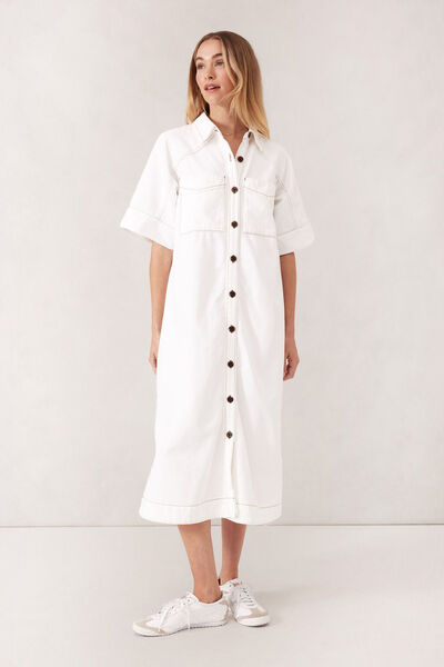 Short Sleeve Yoke Detail Midi Dress, FRESH ECRU TWILL