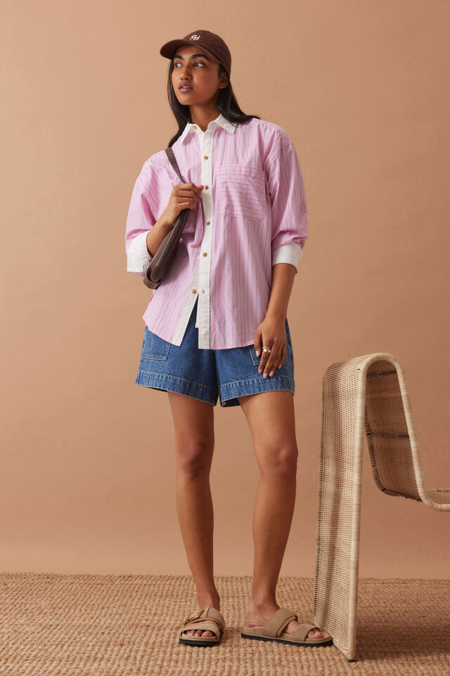 Peta Oversized Shirt, HIBISCUS PINK TRIPLE STRIPE WHITE COLLAR