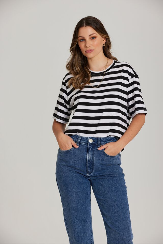 Organic Oversized Step Hem Tee, BLACK/WARM WHITE MID STRIPE