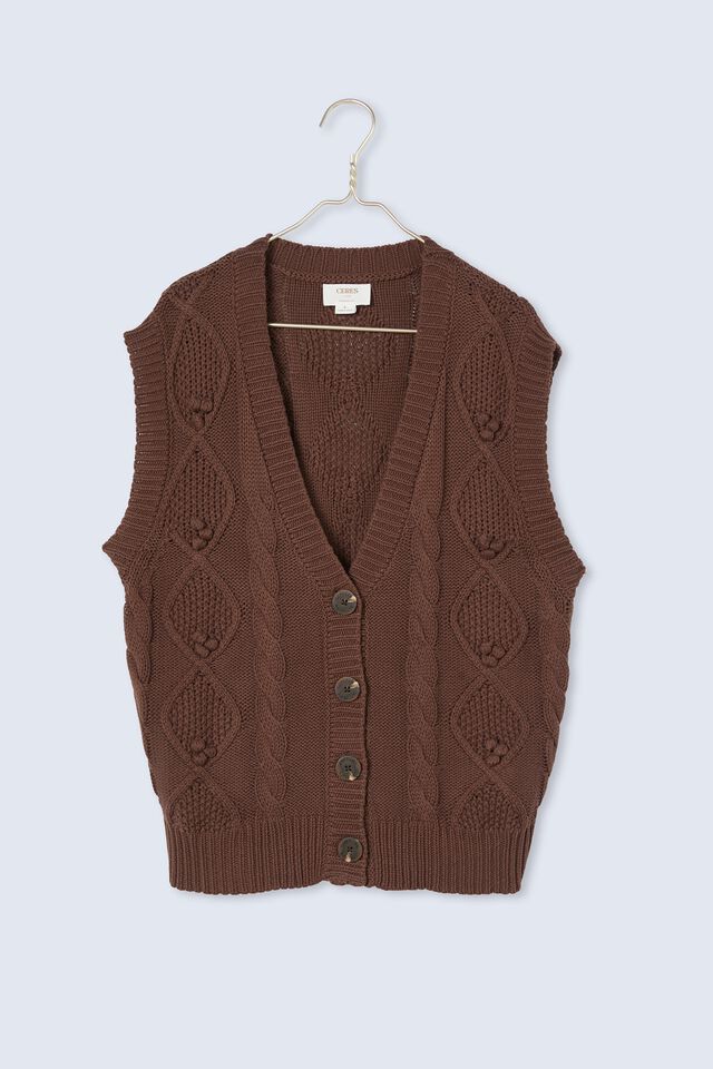 Chunky Cable Vest In Organic Cotton, BITTER CHOC