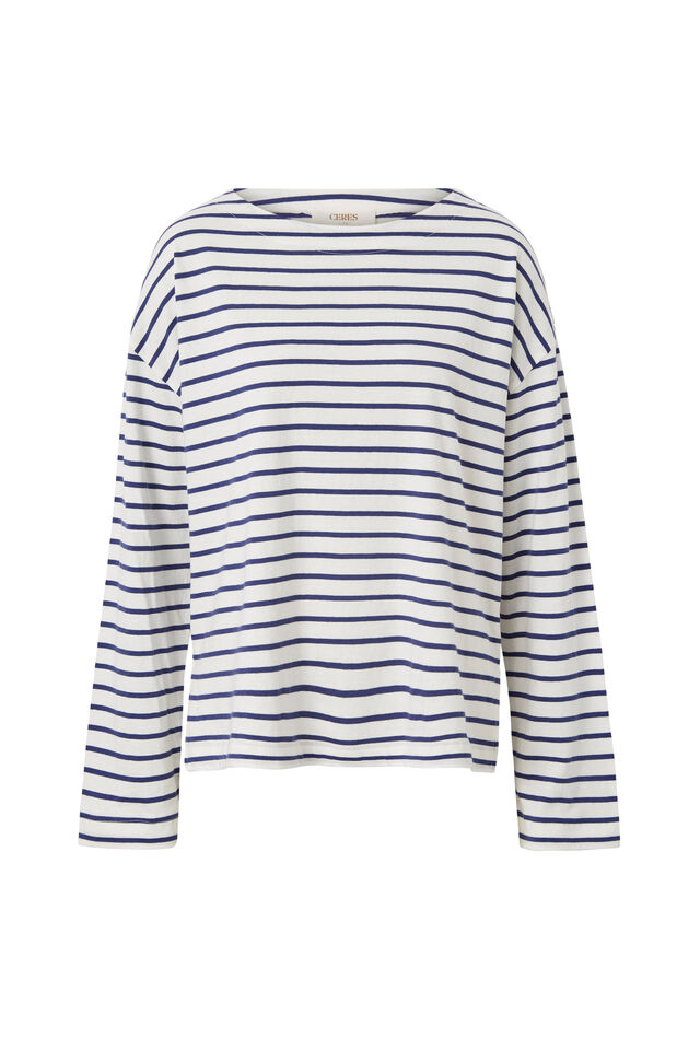 Slouchy Long Sleeve Boat Neck Tee, COLLEGE BLUE STRIPE