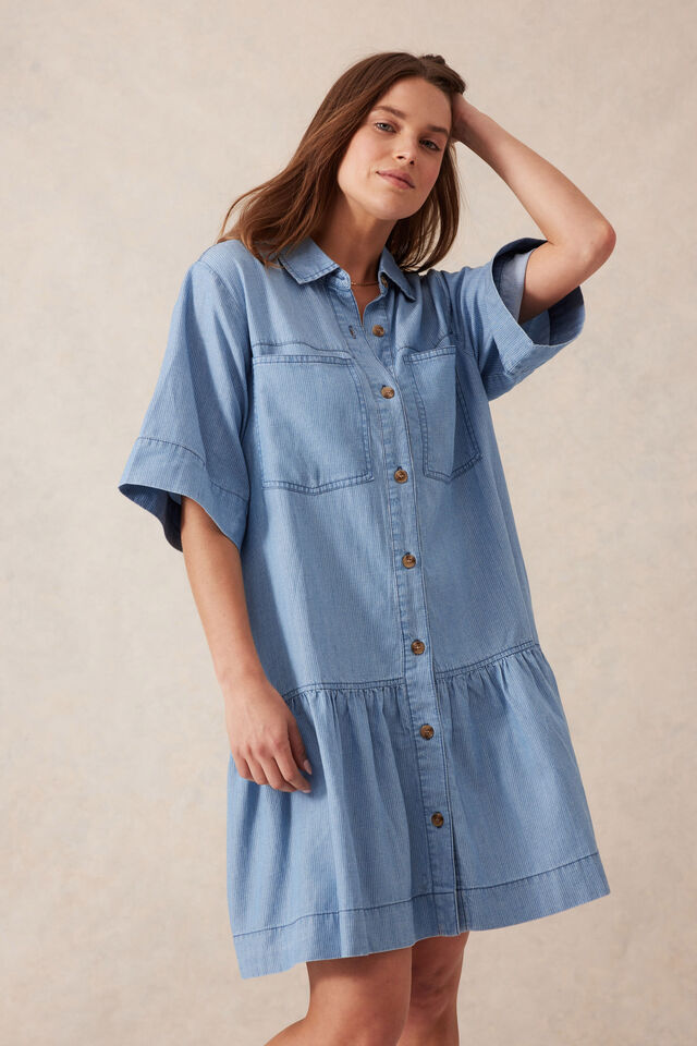 Short Sleeve Tiered Pocket Shirt Dress, VINTAGE BLUE PINSTRIPE