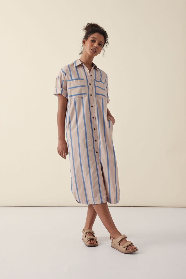 Short Sleeve Midi Shirt Dress, STRING BLUE STRIPE