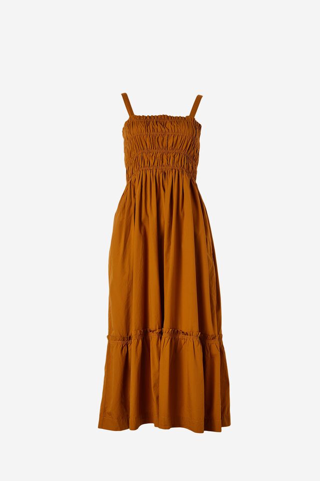 Shirred Strappy Dress In Organic Cotton Poplin, TUMERIC