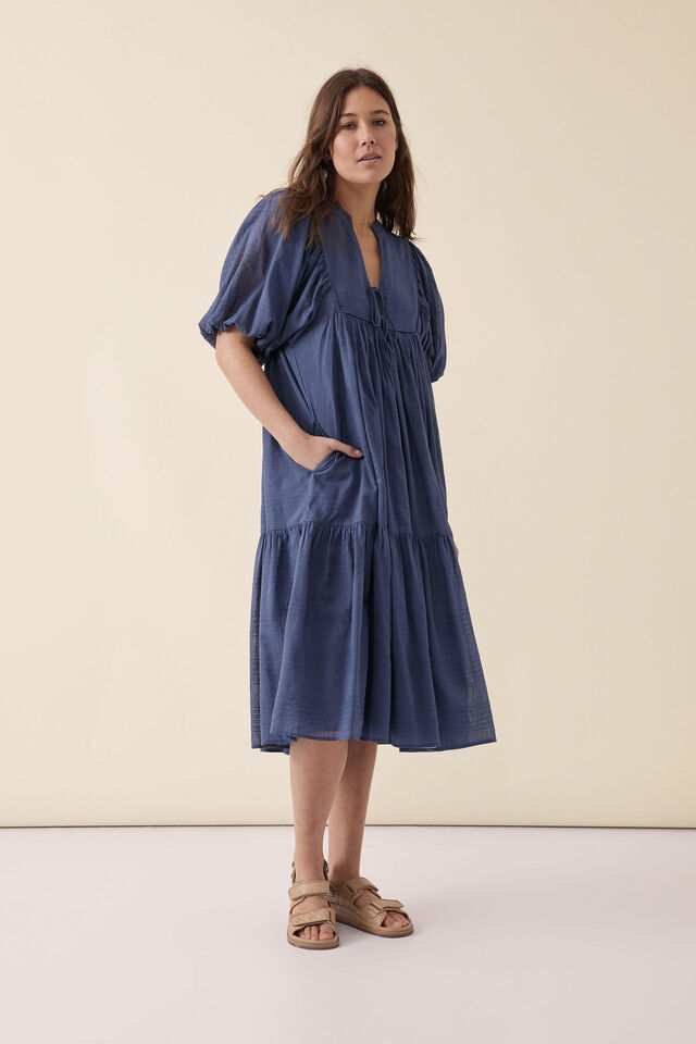 Tie Front Midi Dress In Organic Cotton Voile, SMOKE BLUE
