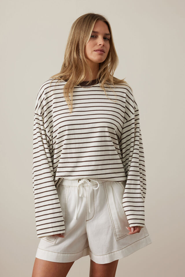 Beau Long Sleeve Slouchy Tee, MILK/BRUNETTE BROWN STRIPE
