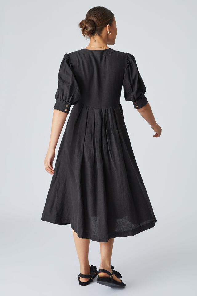 Linen Wrap Midi Dress, BLACK