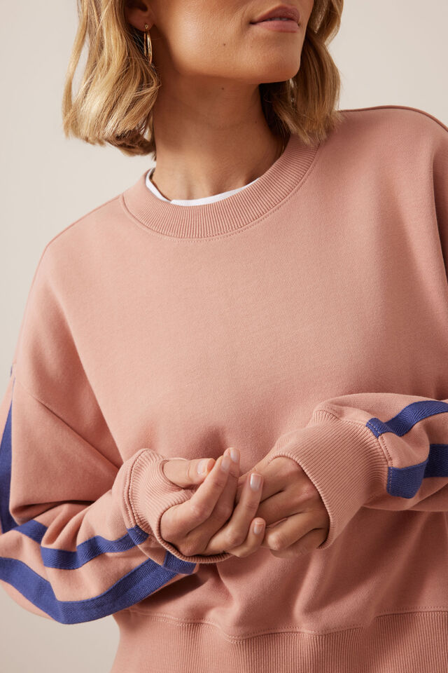 Sasha Sporty Slouchy Crew, PINK CLAY WASHED NAVY SIDE STRIPE