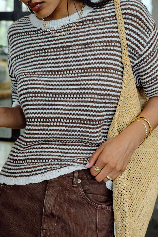 Nina Boxy Knit Tee, CHOCOLATE STRIPE