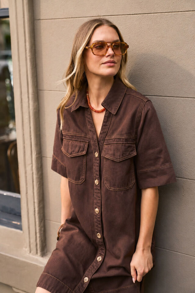 Bonnie Relaxed Shirt Dress, CHOCOLATE