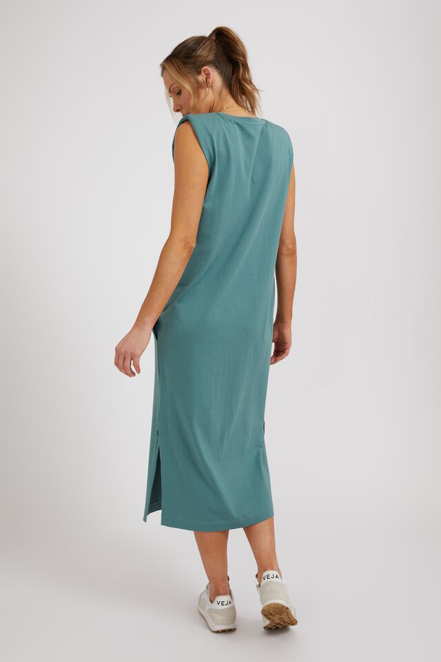 Shoulder Pad Midi Dress In Organic Cotton, EUCALYPT