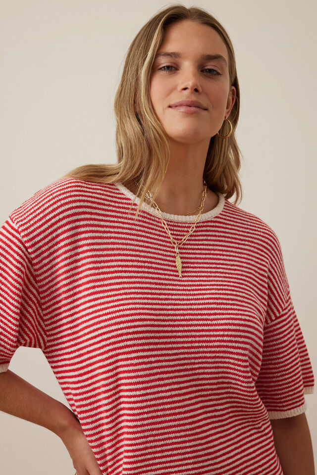 Fia Stripe Knit Mini Dress, FIERY RED ECRU STRIPE