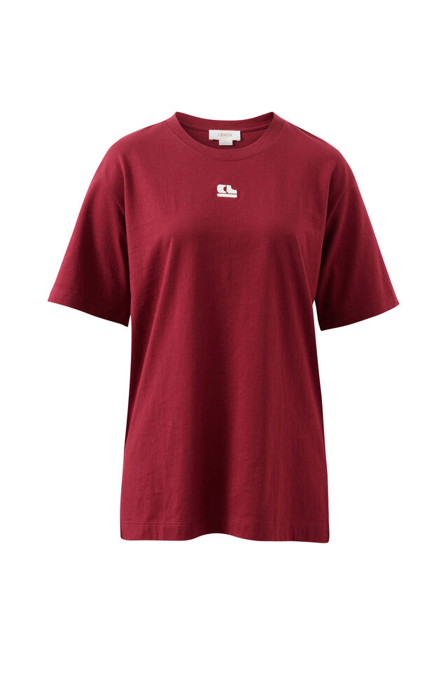 Lola Longline Step Hem Tee, BURGUNDY/MILK CL LOGO EMBROIDERY
