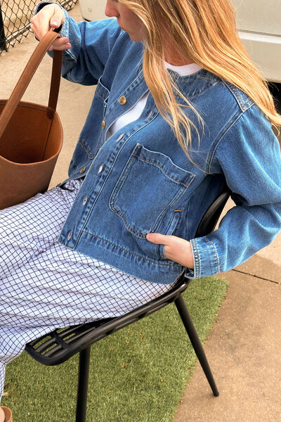 Collarless Denim Jacket, FRESH INDIGO