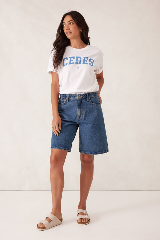 Stevie Slouchy Split Hem Tee, WHITE/CERES VARISTY POOL BLUE