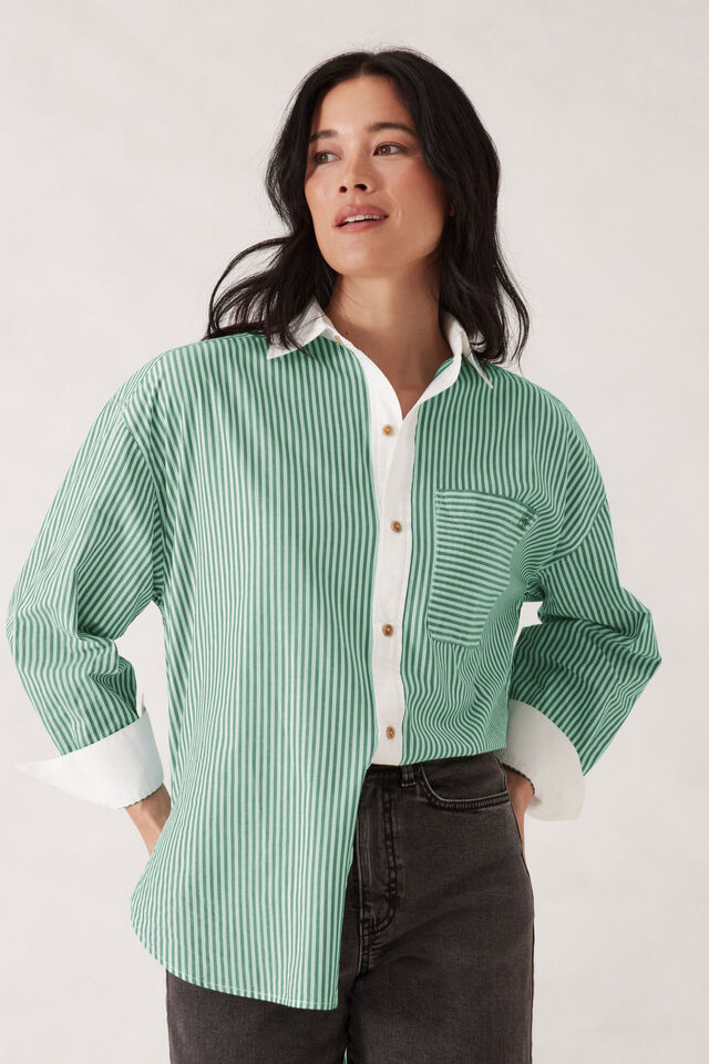 Peta Oversized Shirt, KELLY GREEN STRIPE WHITE COLLAR