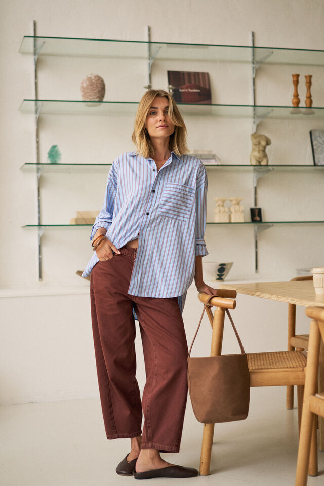 Peta Oversized Shirt, SKY BLUE BURGUNDY STRIPE