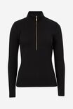 Organic Contour Rib Ls Zip Mock Neck Top, BLACK - alternate image 2