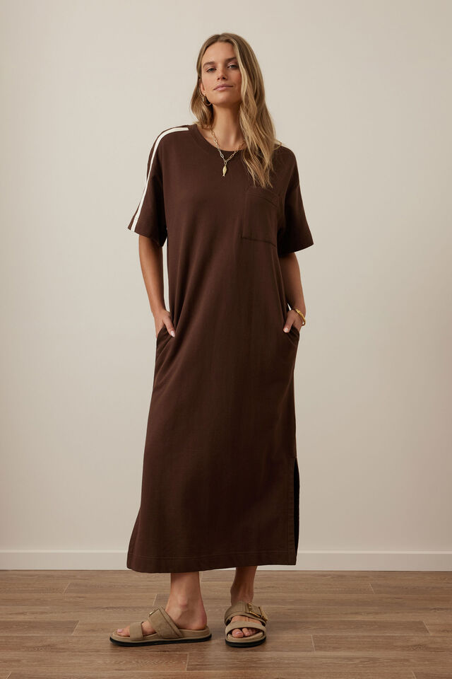 Charlotte Midi Terry Dress, CHOCOLATE SIDE STRIPE