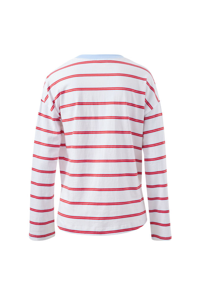 Scout Slouchy Long Sleeve  Tee, WHITE/CHINA BLUE CHILLI RED STRIPE