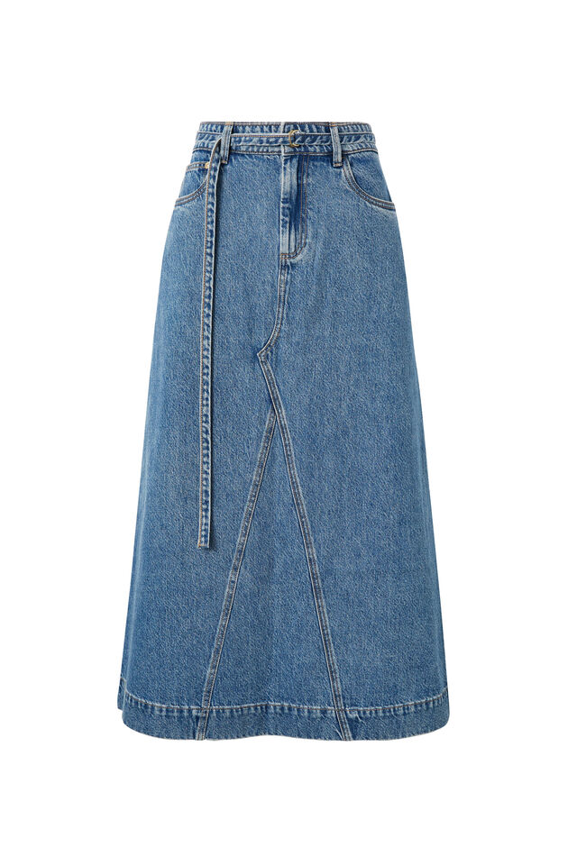 Tie Waist Denim Maxi Skirt, FRESH INDIGO