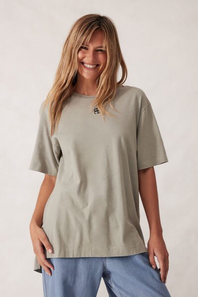 Lola Longline Step Hem Tee, SOFT SAGE/ PHANTOM CERES MONOGRAM EMBROIDERY