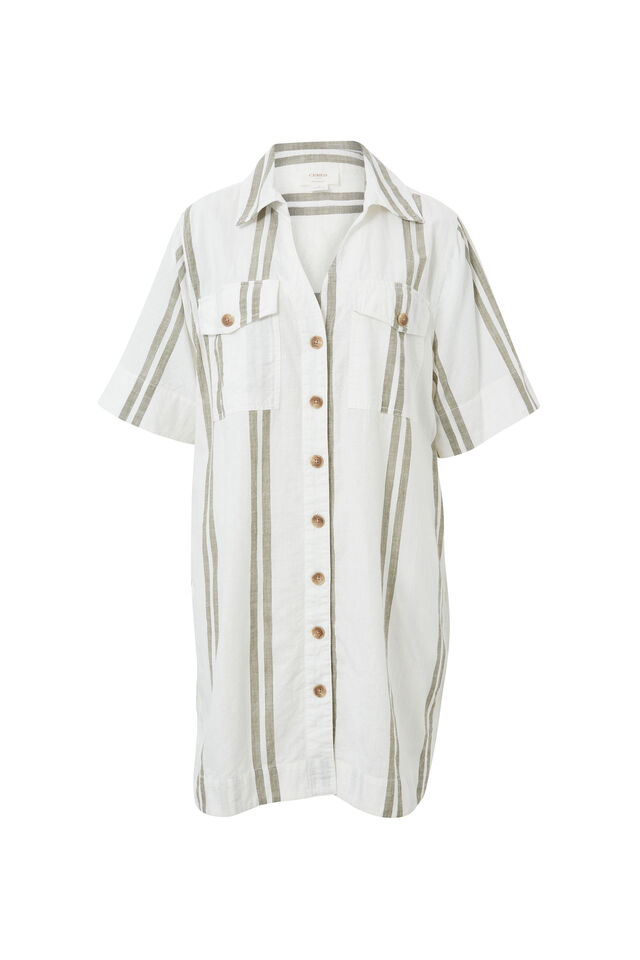 Boxy Shirt Dress, WHITE OLIVE STRIPE