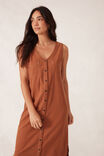 Button Through Midi Shift Dress, BURNT CARAMEL TEXTURED COTTON - alternate image 6