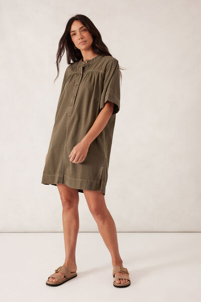 Half Placket Tunic Dress, SOFT OLIVE TWILL