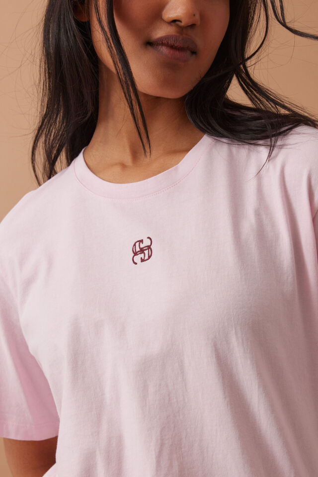 Lola Longline Step Hem Tee, SUNFADED PINK MONOGRAM EMBROIDERY
