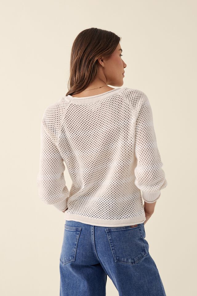 Mesh Knit Pullover In Organic Cotton, PARCHMENT AND WHITE