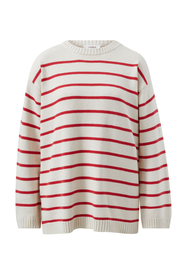 Relaxed Crew Tunic, ECRU/HERITAGE RED STRIPE