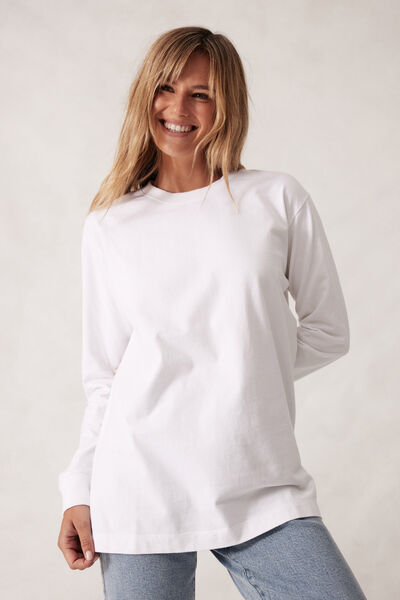 Longline Long Sleeve Cuff Tee, WHITE/WHITE MONOGRAM EMBROIDERY
