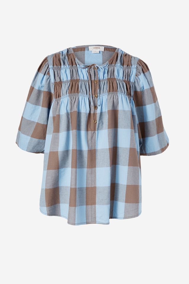 Shirred Tie Tunic In Cotton Linen Blend, BLUE SKY TAUPE GINGHAM