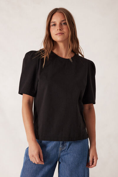 Pleat Sleeve Tee, BLACK