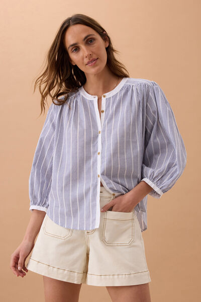Woven Collarless Top, COLLEGE BLUE LADDER STRIPE